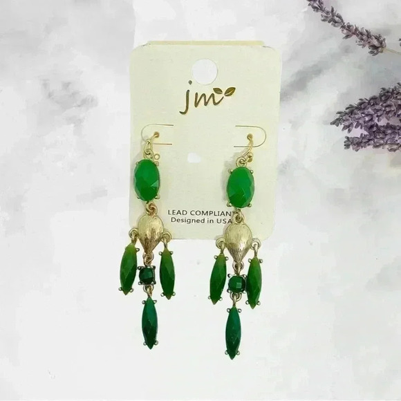 Green & Gold Dangling Statement Earrings - Picture 4 of 5